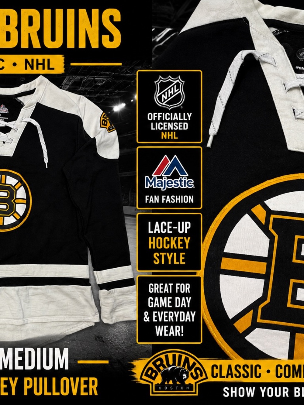 Majestic Boston Bruins Black & Gold Lace-Up Hockey Pullover